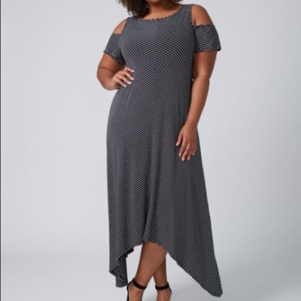 Lane Bryant black striped cold shoulder dress 1416